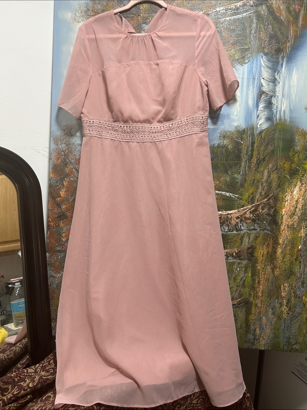 JJ”S HOUSE Elegant Pink Midi Dress with Lace Waistband